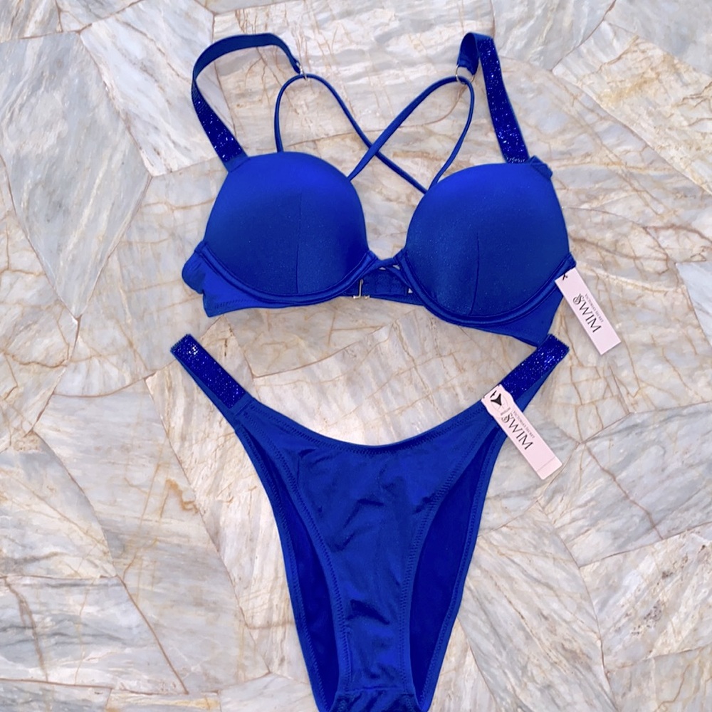 2 Pc Set Victoria's Secret 34B BOMBSHELL BIKINI Medium Swim Bottoms Shine Blue